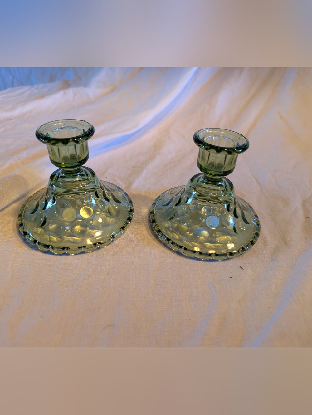 2/60$ Vintage Green Glass Dot-Pattern Candle Holders - Pair